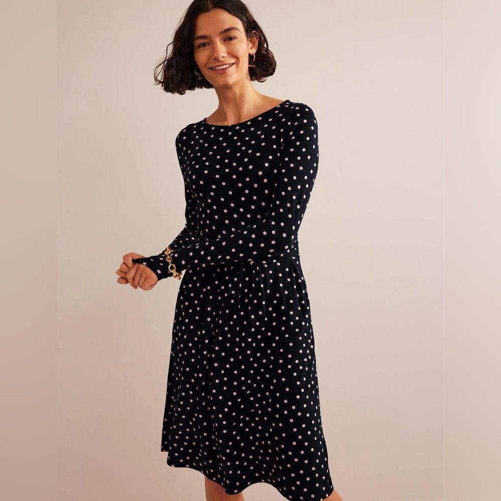 NEW Boden Abigail Jersey Dress Long Sleeve Black Milkshake Pink Spot 6 Petite